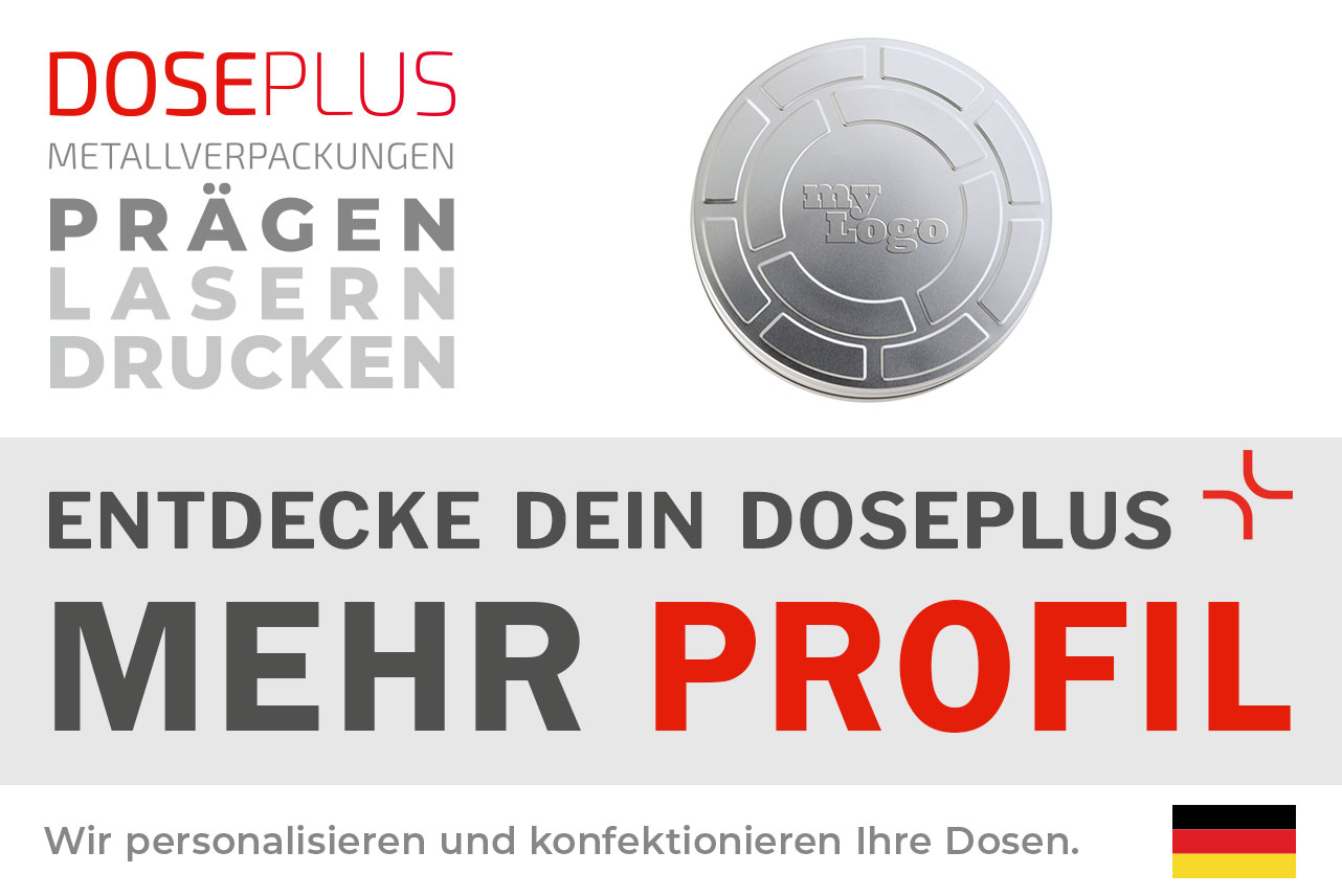 Runde Filmdose FD 100 von Doseplus – Bannertext: „Entdecke dein Doseplus – mehr Profil“. Professionelle Metalldose für individualisiertes Bedrucken, Gravieren und Prägen.